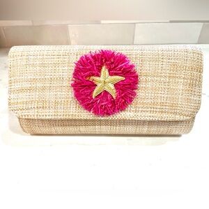 Neutral Woven Clutch with Hot Pink Starburst and Gold Star